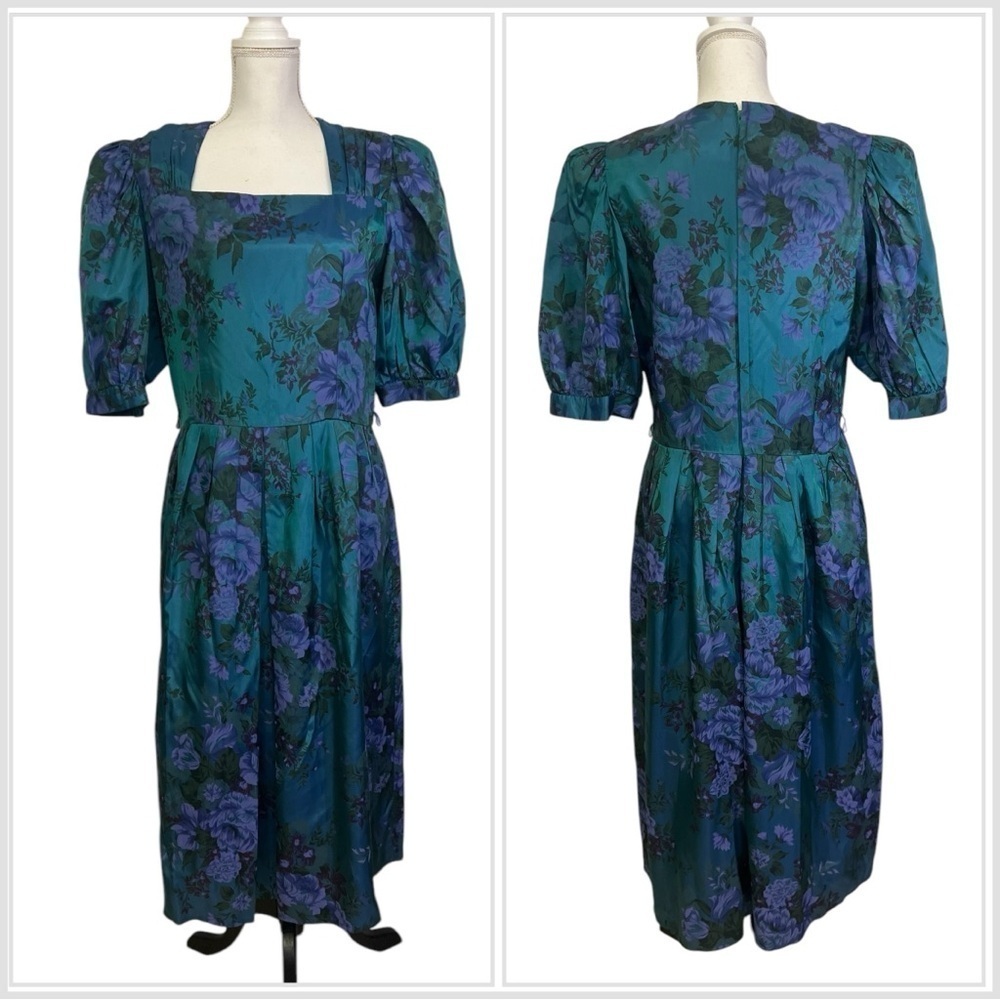 Vintage 80s Lanz Originals Tea Dress Floral Pleated Puff Sleeve Garden Party